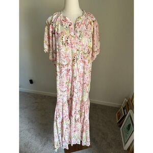 Misa Los Angeles Malena Eyelet Floral Maxi Dress White Pink Made in USA‎ Large